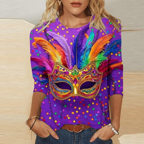 Mifsaly Mardi Gras Tops Women Crewneck 3/4 Sleeve Carnival Mask Print Shirts Plussize Lightweight Festival Pullover Top Funny Party Fashion T-Shirts Spring Summer Going Out Daily Streetwear XXL