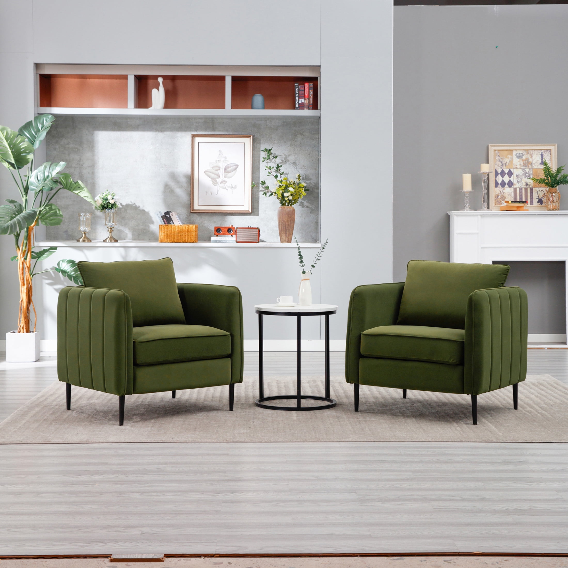 Noble House Mid-Century Modern Velvet Upholstered Accent Chair with Pillow, Metal Legs, Green