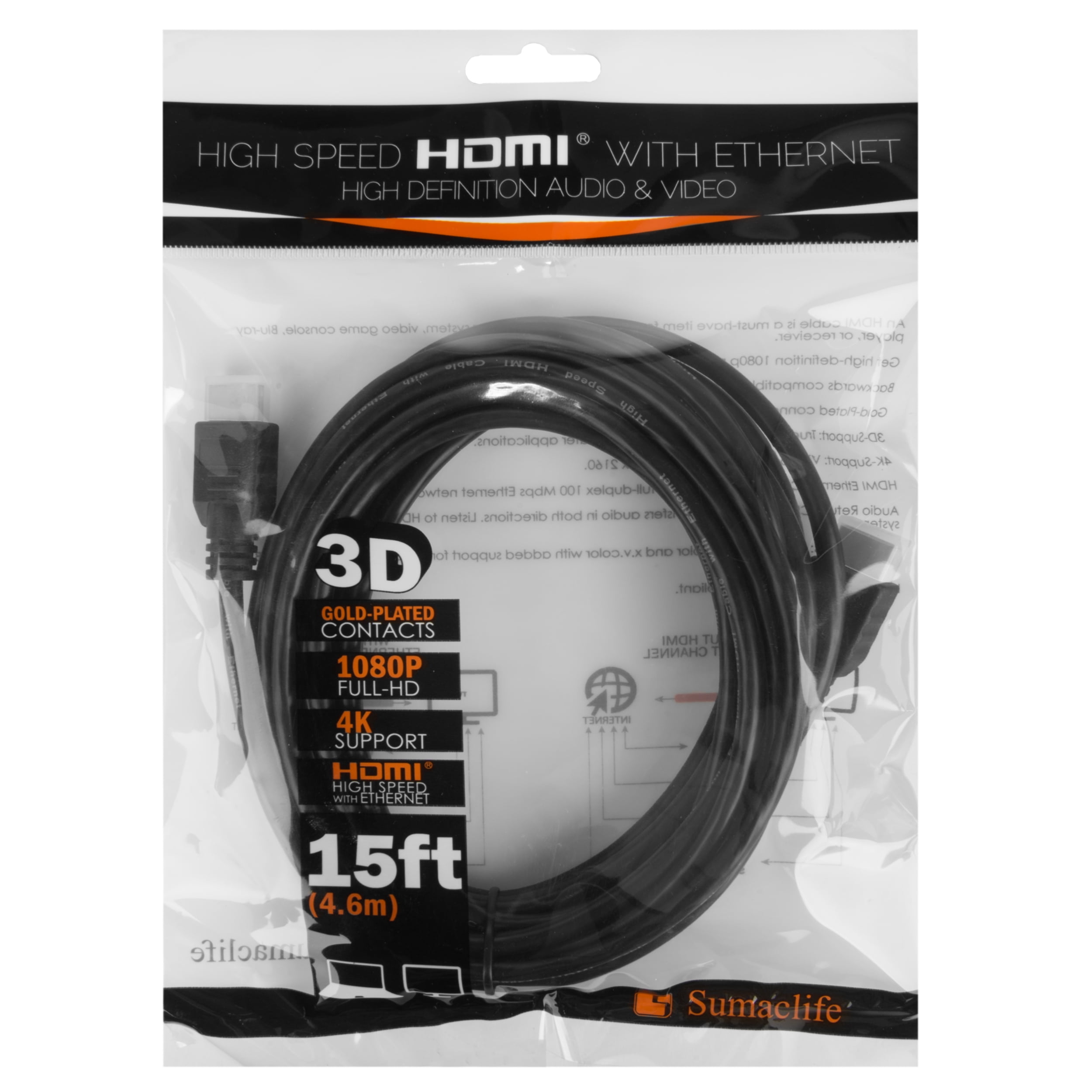 Male to Male 15 Ft. HDMI High-Speed Durable Universal Standard Cable with Gold Plated Connector 4k Enabled and Ethernet Compatibility (3 pack)