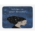 thumbnail image 1 of Motivational Bath Mat, Portrait of Woman with Dark Hair and Moon Stars Dream Believer Quote Feminine Art, Non-Slip Plush Mat Bathroom Kitchen Laundry Room Decor, 29.5 X 17.5 Inches, Blue, Ambesonne, 1 of 2