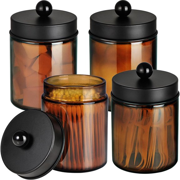 Amber Glass Qtip Holder, Apothecary Jars with Matte Black Metal Lid & Stickers-Bathroom Qtip Dispenser Storage Organizer Set,Vanity Counter Canister for Cotton Swabs,Round Pads,Floss (4 Pack)