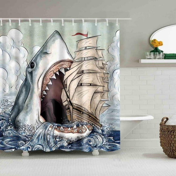 Rideaux de Douche Requin à Grande Bouche Style Méditerranéen Vie Marine, Décoration de Bain Doublure de Rideau de Douche de Salle de Bain en Tissu Polyester Imperméable avec Crochets 72 Pouces x 72 Pouces (Requin)
