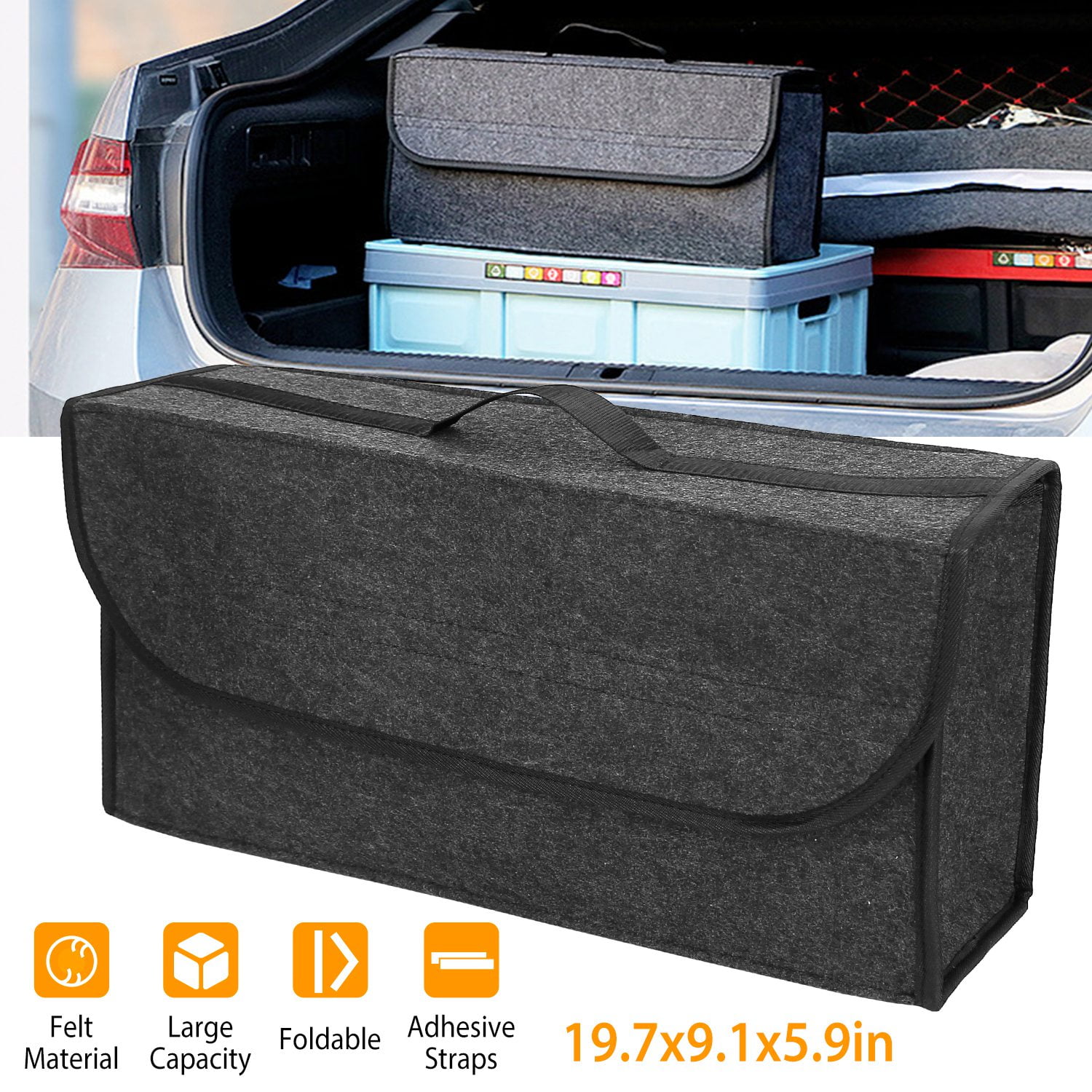 Car Trunk Storage Box Organizer Large Capacity with Handle Washable Felt  Cloth Multifunctional Cargo Storage Container for Auto Truck Gray