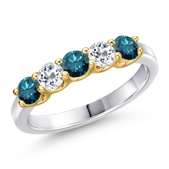 Gem Stone King 925 Silver and 10K Yellow Gold Blue Diamond and White Topaz Wedding-Bands Ring for Women | 0.88 Cttw | Round 3.5MM | Gemstone April Birthstone | Size 5