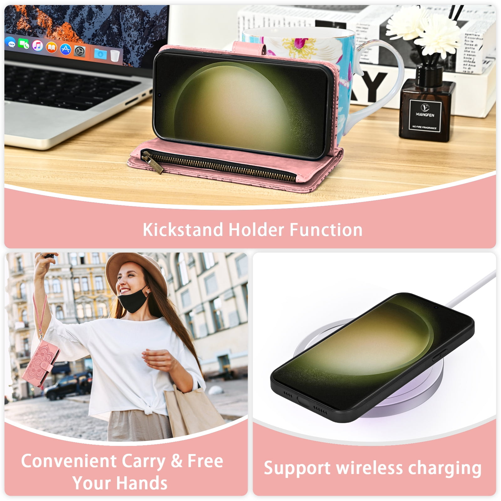 Asuwish Phone Case for Samsung Galaxy S23 Ultra 5G Zipper Wallet Magnetic Detachable Cell Cover with Tempered Glass Screen Protector Crossbody Strap Flower Card Holder Slot S23Ultra Women Pink