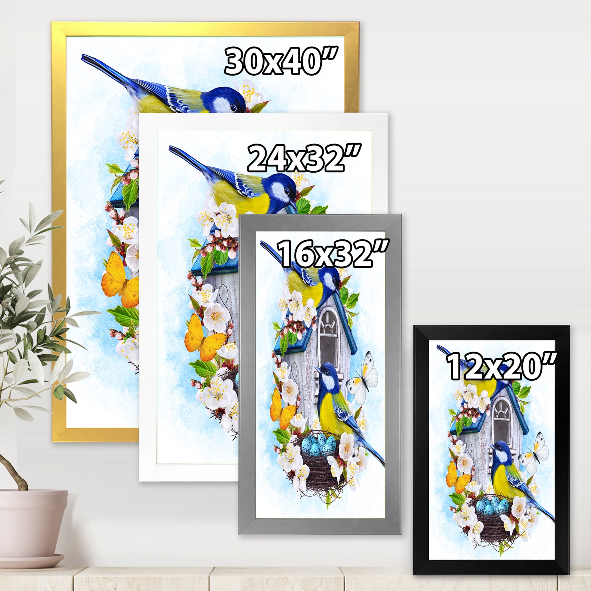 Designart 'Two Tit Birds Sitting Near The Nest With Eggs and White Flowers I' Traditional Framed Art Print