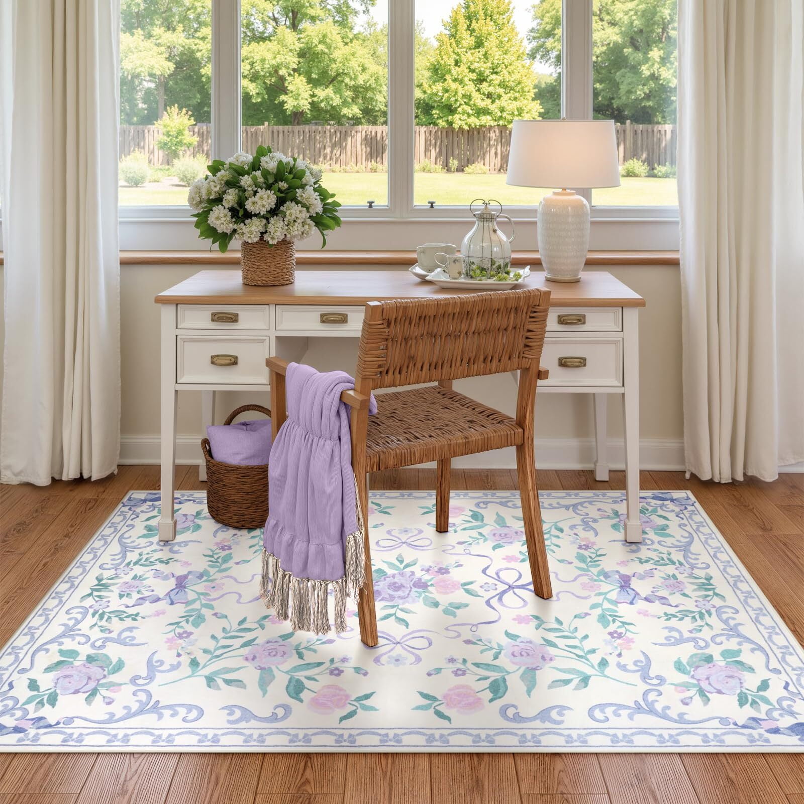 Wonnitar 3'x 5' Floral Area Rugs for Bedroom, Cute Bow Accent Rugs for Kids Room, Washable Carpet Non Slip Low Pile for Nursery Room, Playroom, Vanity Room Purple
