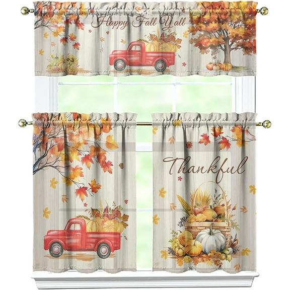 Fall Pumpkin Kitchen Curtains Valances and Tiers Set for Windows, Autumn Truck Maple Leaves Bathroom Window Curtain Valance 3 Piece Sets,Thanksgiving Kitchen Decor for Living Room,54''''x 36''''