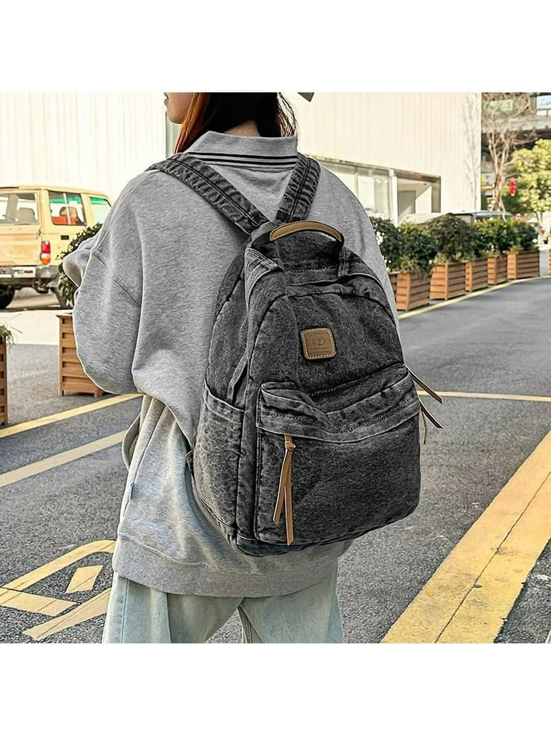Vintage Aesthetic Denim Backpack for Women Men Grunge Y2k Travel