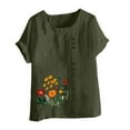 thumbnail image 5 of Feancey Tunic Tops for Women Loose Fit Dressy Casual Linen Blouse Boho Floral Printed Plus Size T Shirts Summer Short Sleeve Crewneck Tees Army Green L, 5 of 5
