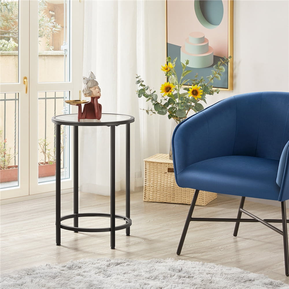 Yaheetech Round Glass Top Bedside Table End Table Accent Table with Metal Frame, Black