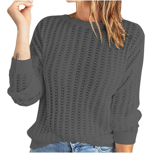 Chandails d'Automne pour Femmes 2022 Manches Longues Col Rond Tricoté Ajouré Chandails Couleur Unie Décontracté Confortable Hauts