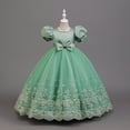 thumbnail image 6 of Girls Puff Sleeve Bow Ball Gown Dress Embroidered Mesh Floor Length Birthday Party Pageant Princess Dress (5-6 T, Mint Green), 6 of 6