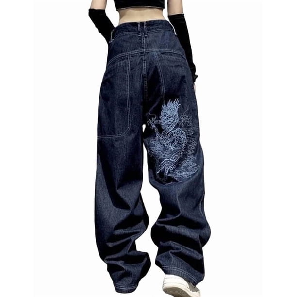 Pantalones vaqueros unisex estilo hip-hop gótico urbano de talle alto y corte holgado con diseños rasgados y bordados for hombre y mujer