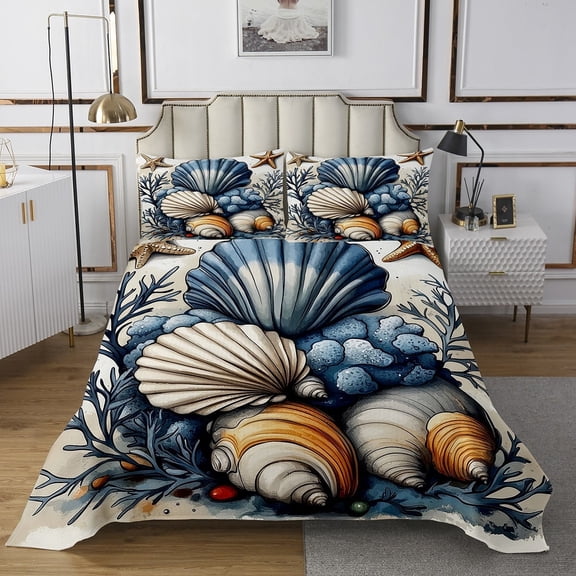 Erosebridal Seashell Conch Quilt Sets for Twin Size Bed, Beach Ocean Theme Bedding Set, 2-Piece