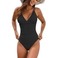 thumbnail image 2 of Women's One Piece Swimsuit Solid Color with Removable Bra Pads No Underwire Bikini Style for Beach Vacation,Black,L, 2 of 6