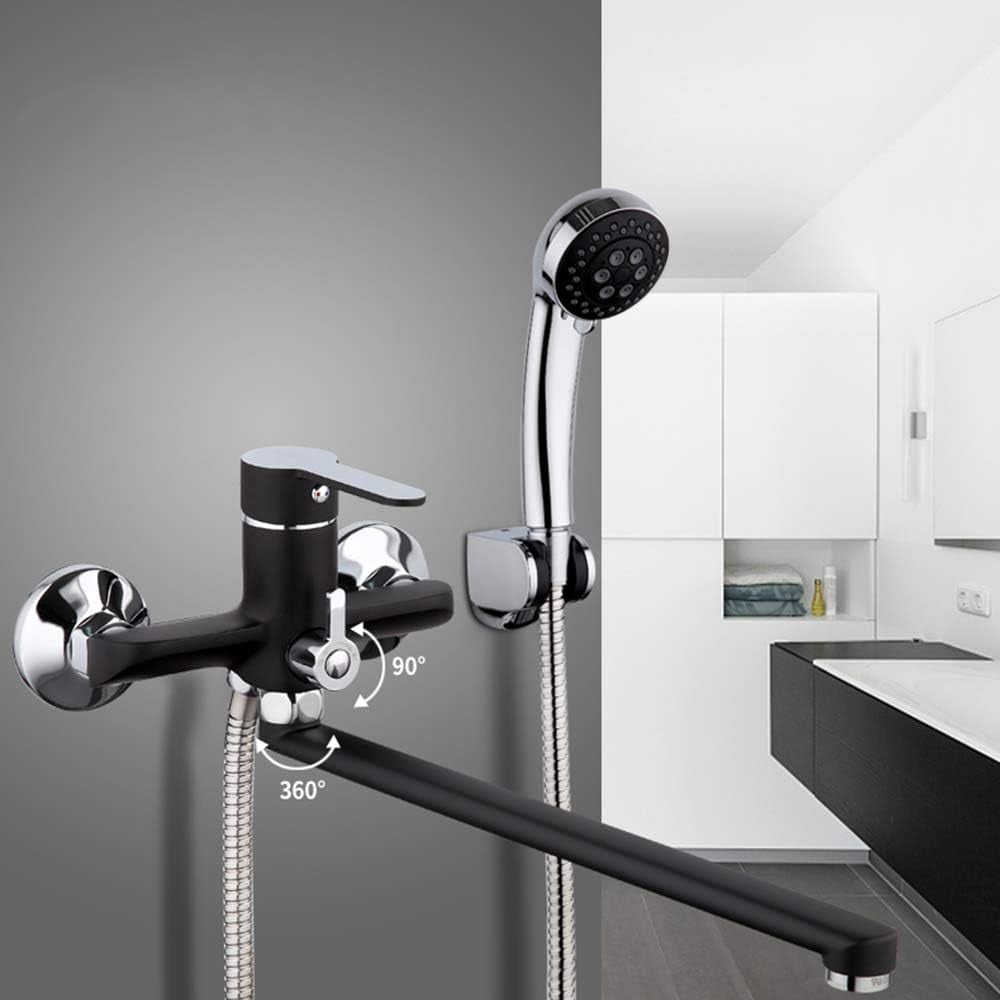 Bathroom Brass Bathtub Faucet Black Chrome Bath Shower Mixer Tap with ABS Handheld Shower Head and Stainless Steel Swivel Bathtub Spout