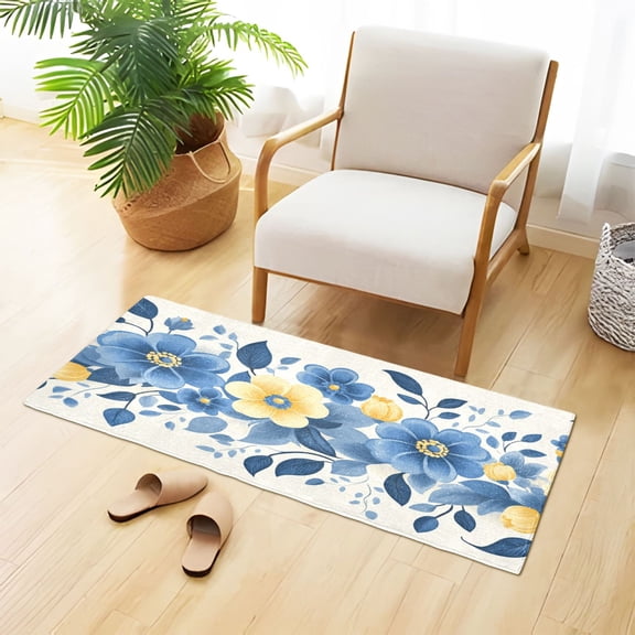 Delicate Blue and Yellow Flowers Plush Carpet Non Slip Runner Rug Absorbent Bath Mat 39" x 20"