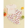 thumbnail image 2 of Wassery Toddler Girl Summer Outfits Letter Print Short Sleeve Tops and Leopard Pumpkin Print Flare Pants 2Pcs Kids Halloween Clothes Set 12M-5T, 2 of 8