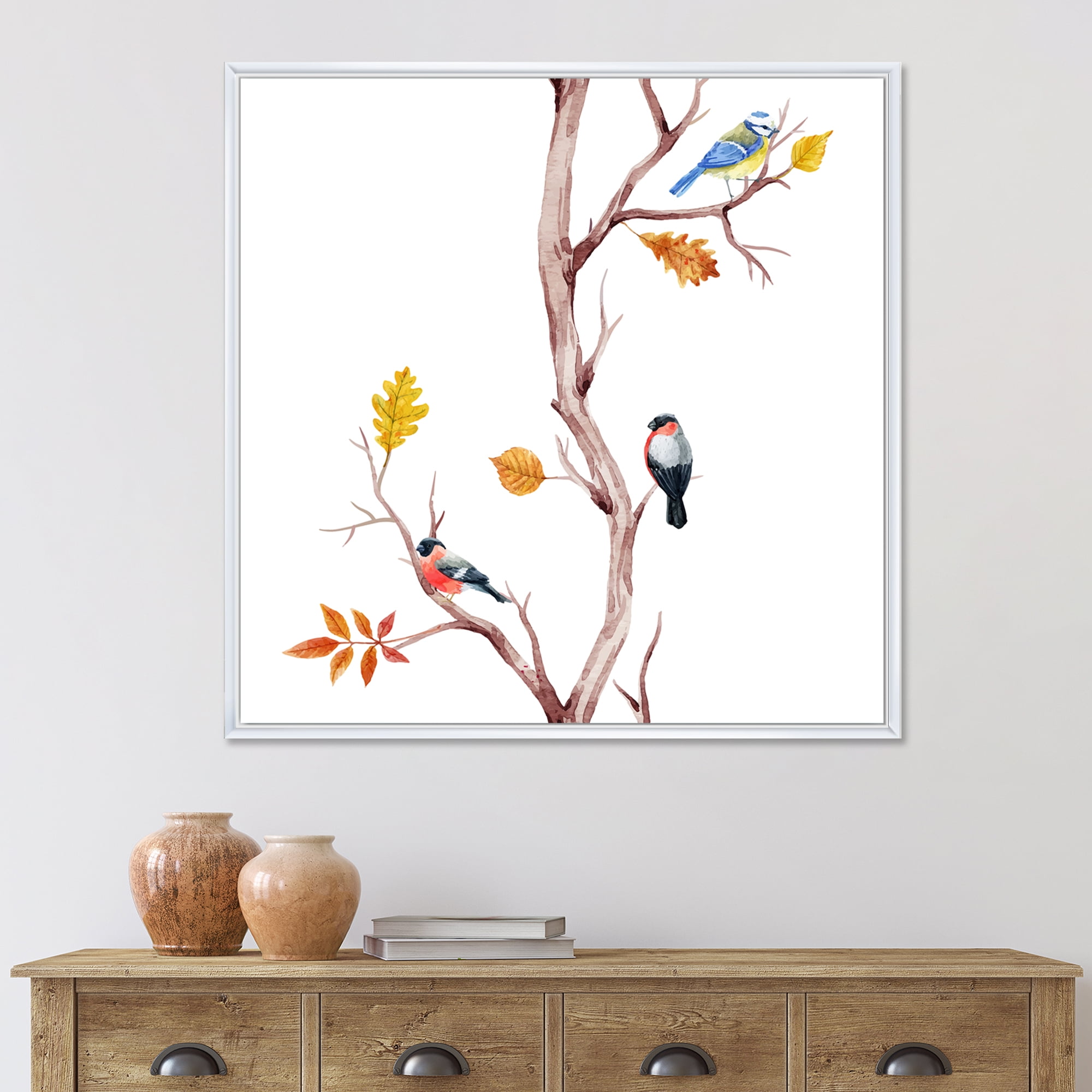 Little Birds Sitting On The Tree Branches IV 30 in x 30 in Framed Painting Canvas Art Print, by Designart