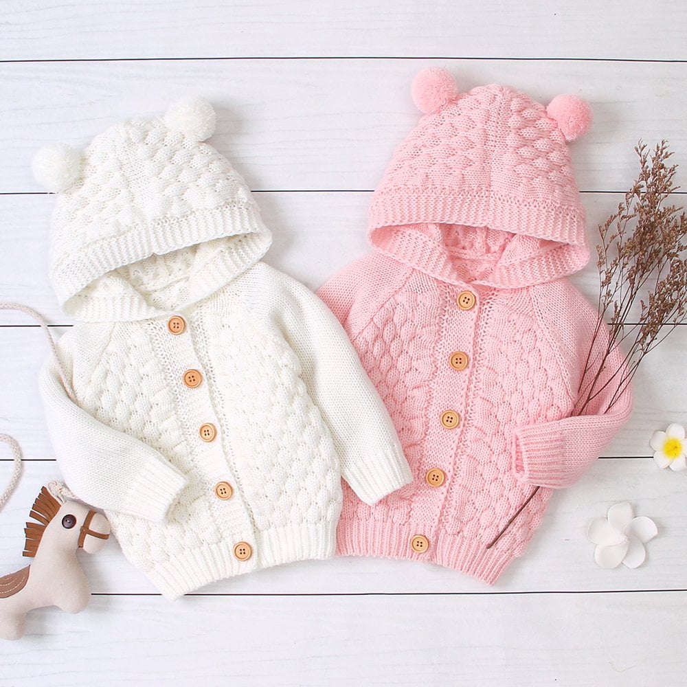 Newborn Baby Girls Boys Knit Cardigan Ear Hooded Sweater Infant Button Down Cotton Outwear