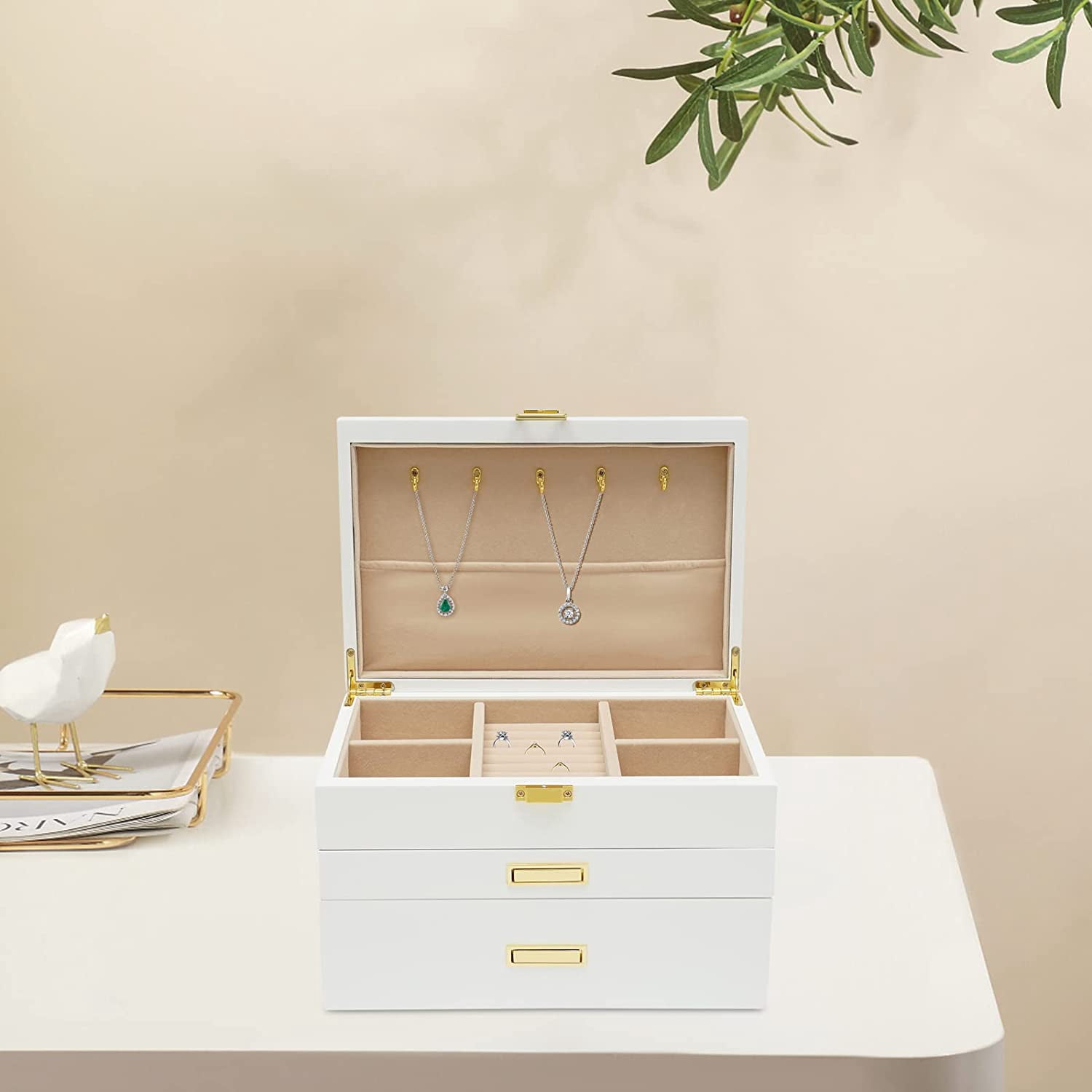 Women 3 Layers Wooden Jewelry Box for Jewelry Organizer Drawer Jewelry Display Box with Soft Velvet Lining for Ring Necklace Earring Bracelet (White)