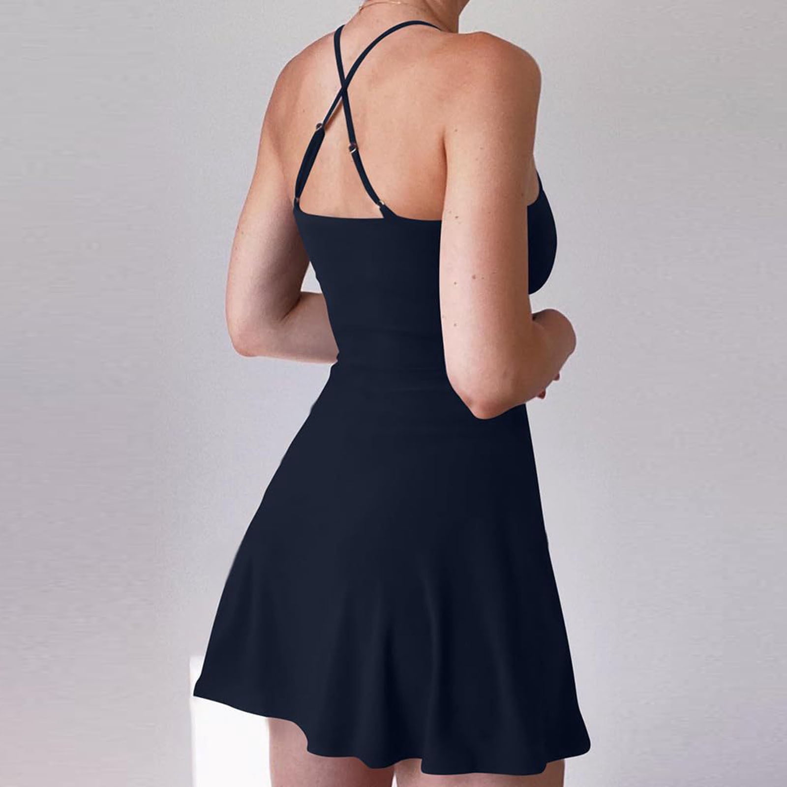 Spaghetti Strap Tennis Dress for Women Cross Back Sleeveless Athletic A-Line Golf Mini Dresses Build in Shorts