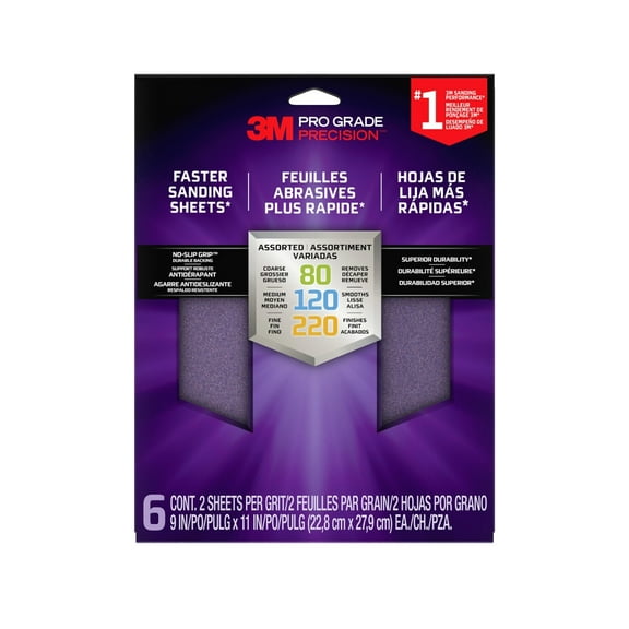 3M Pro Grade Precision Sandpaper, No-Slip Grip Backing, 9 in x 11 in, Assorted Grit, 6 Sheets
