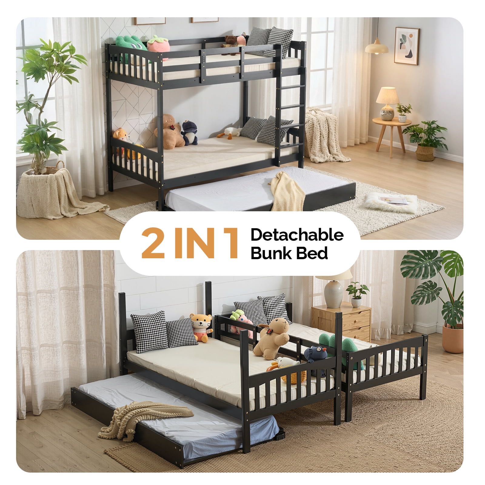 Ktaxon Solid Wood Twin-over-Twin Bunk Bed with Trundle, Bunk Bed Frame with Guardrails & Charging Station, Black