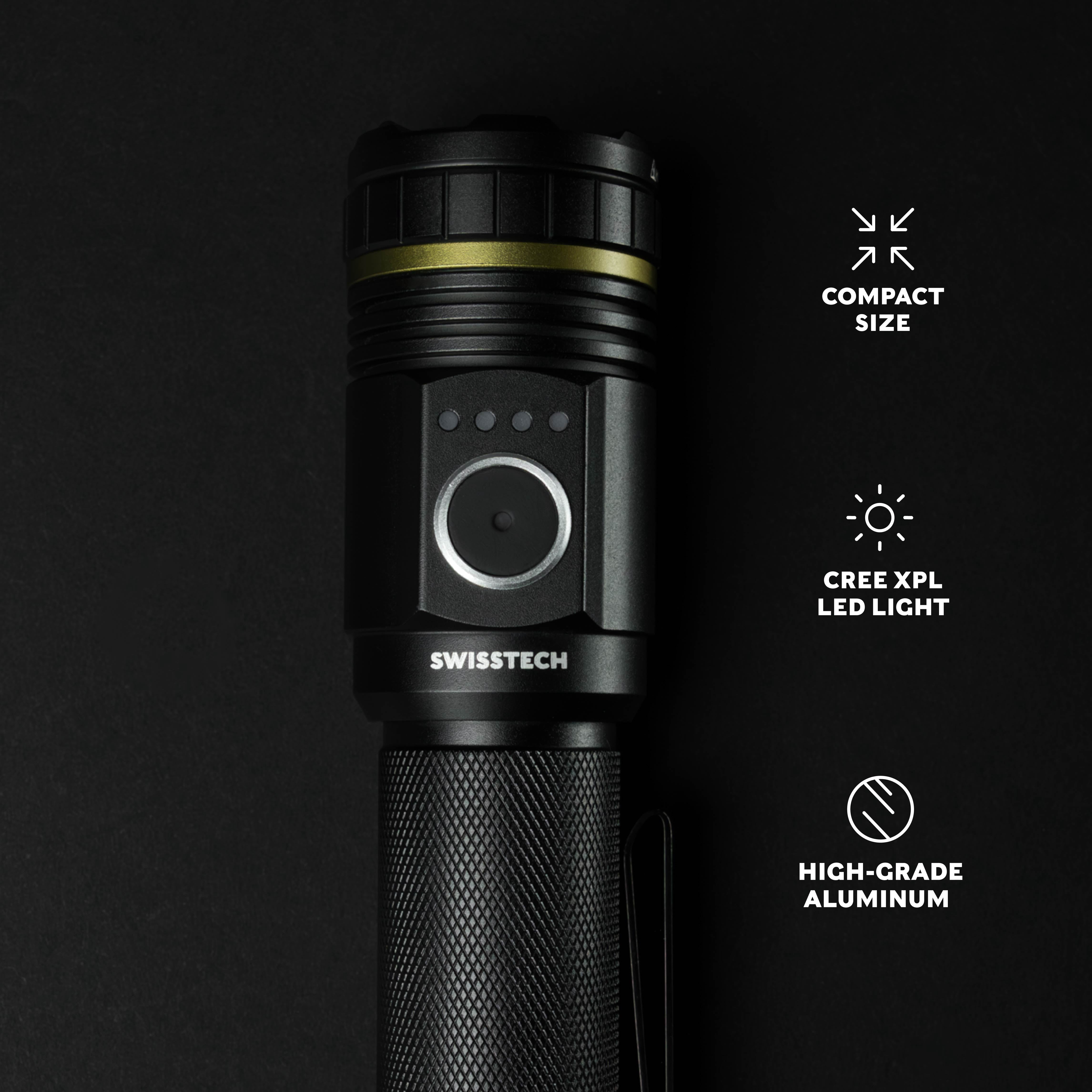 Swiss Tech TAKTISCH 2500LM Rechargeable Tactical LED Flashlight, Waterproof Aluminum