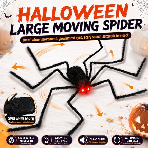 Animatronic Halloween Decorations, 150cm Moving Halloween Spider with Glowing Red Eyes & Scary Sound, Omni-Wheel Auto Turn Back, Scary Halloween Decorations for Yard , Halloween Outdoor Decorations