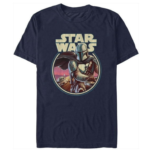 Men's Star Wars: The Mandalorian Grogu and Din Djarin Retro Circle Graphic Tee Navy Blue Small