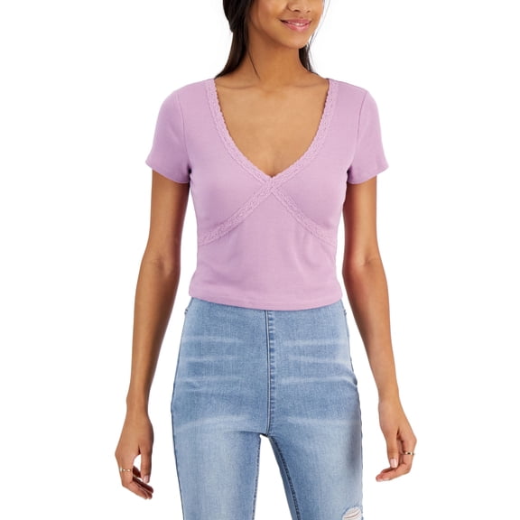Juniors' Lace-Trim Ribbed T-Shirt Lilac Moon XL