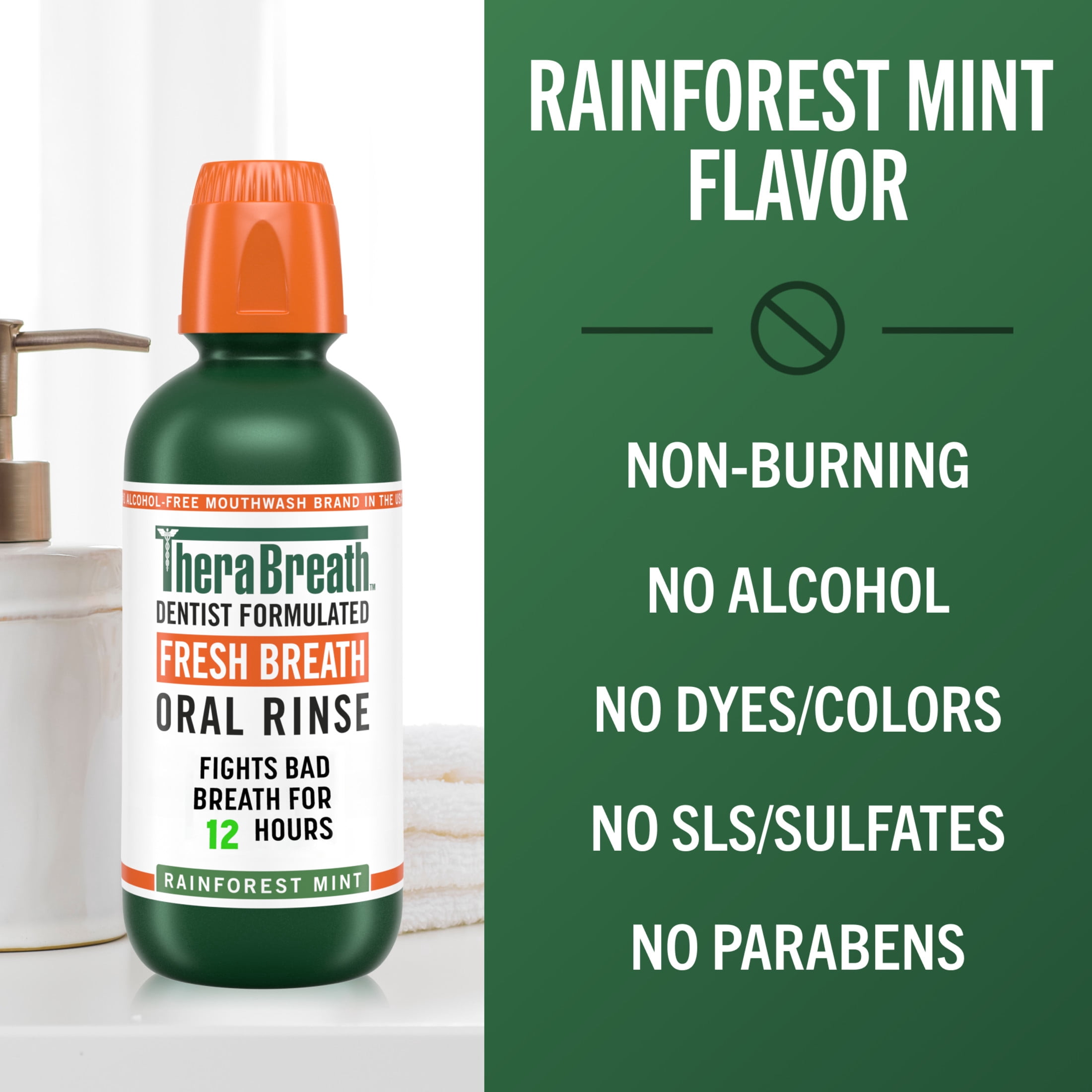 TheraBreath Fresh Breath Mouthwash, Rainforest Mint, Alcohol-Free, 33.8 oz/1 L