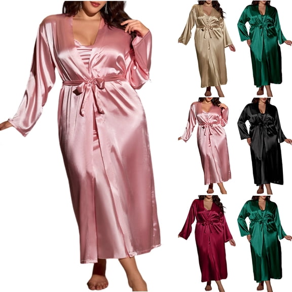 QNANSPI Pajama Sets for Women Short Sleeve, Women Short Sleeve Sleepwear Outfit, Womens Plus Size Satin Solid Color Nightgown Robe Sleepwear Pajama Outfit