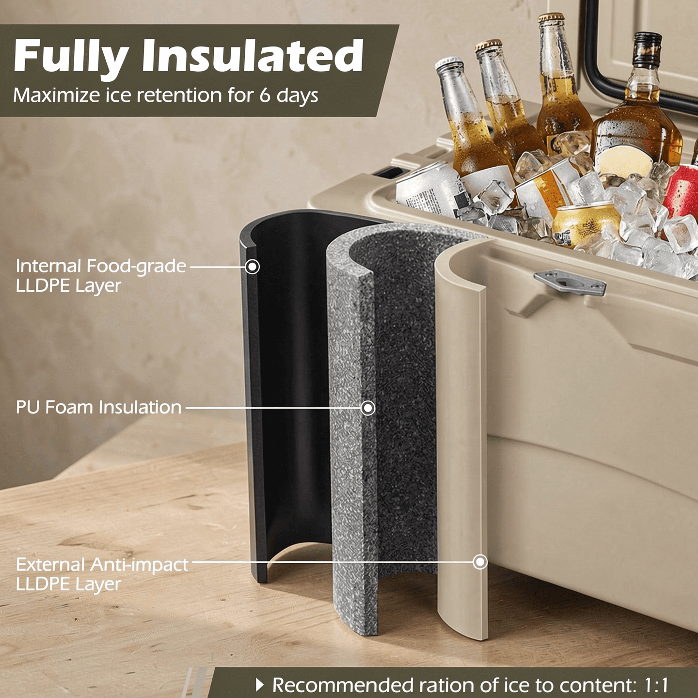 Biotree 45 Quart Portable Hard Cooler Insulated Ice Chest Keeps Cool for up to 6 Days, Khaki