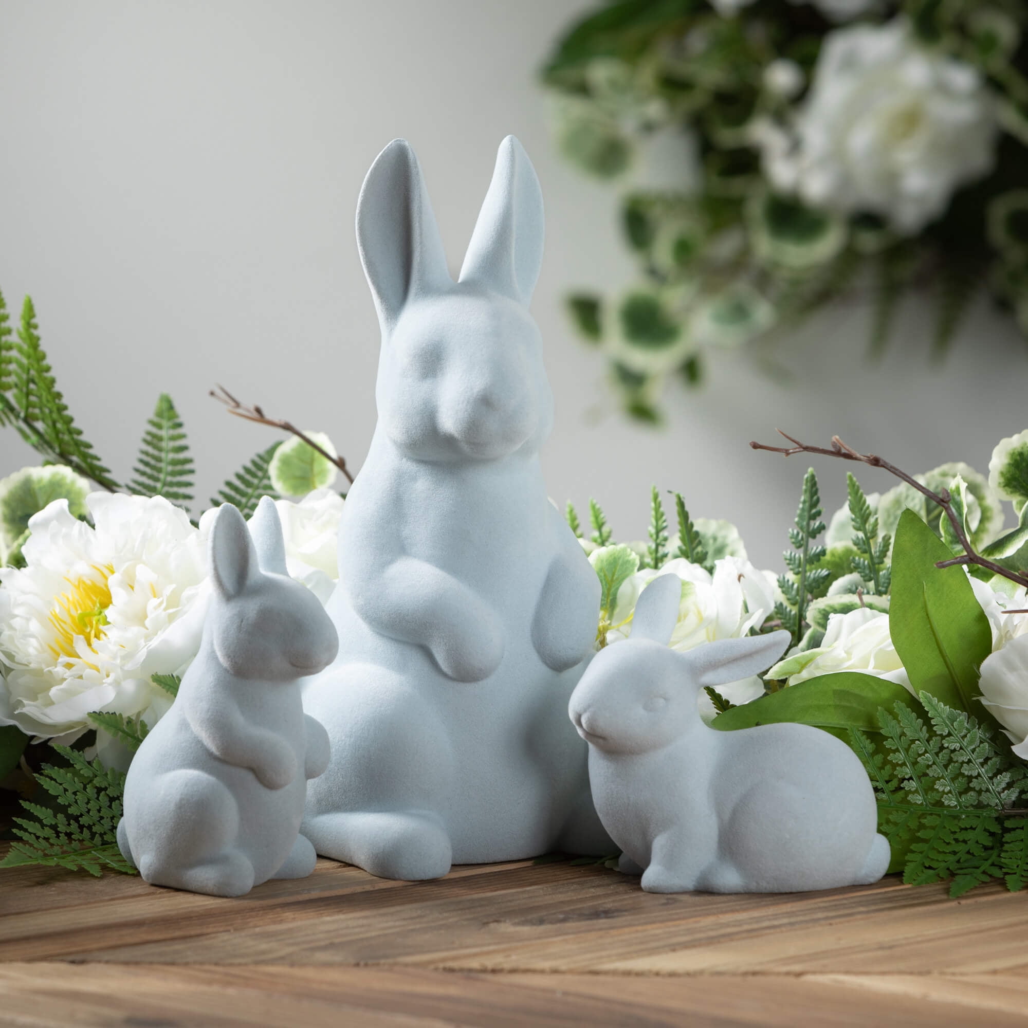 Sullivans 5.5" & 4.25" Blue Velveteen Bunny Set of 2, Ceramic