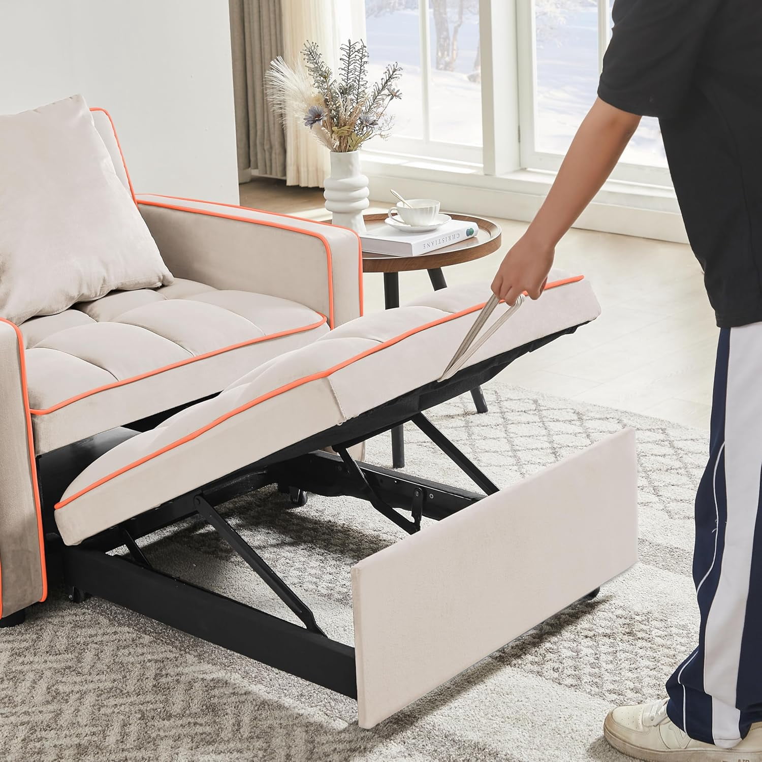 EPOWP Sleeper Chair, Pull Out Chair Sleeper with Adjustable Back & Pocket, Convertible Chairs Bed Sleepers for Adults, 3 in 1 Sofa Bed Chairs for Small Spaces, Living Room, White