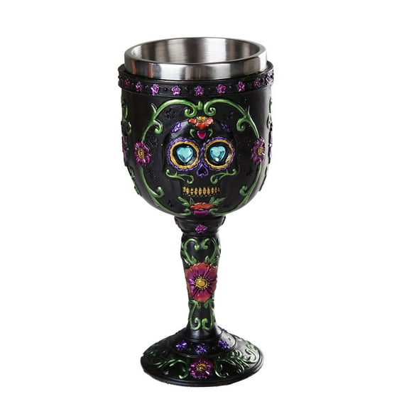 Ebros Day of the Dead Celebration Black Sugar Skull Floral Design Collectible Wine Goblet 7oz