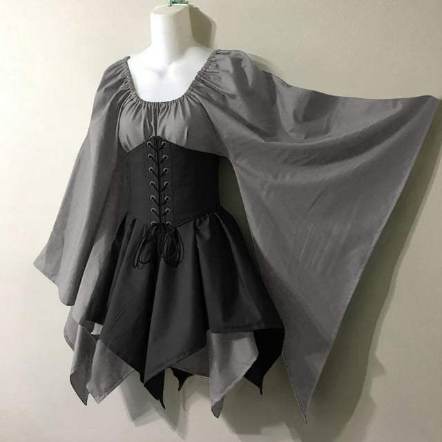 FcBaudy Longues Robe à Manches Col Rond Costumes pour Femmes Robe Corset Gothique à Manches Robe Haute Col Rond Robe pour Femmes