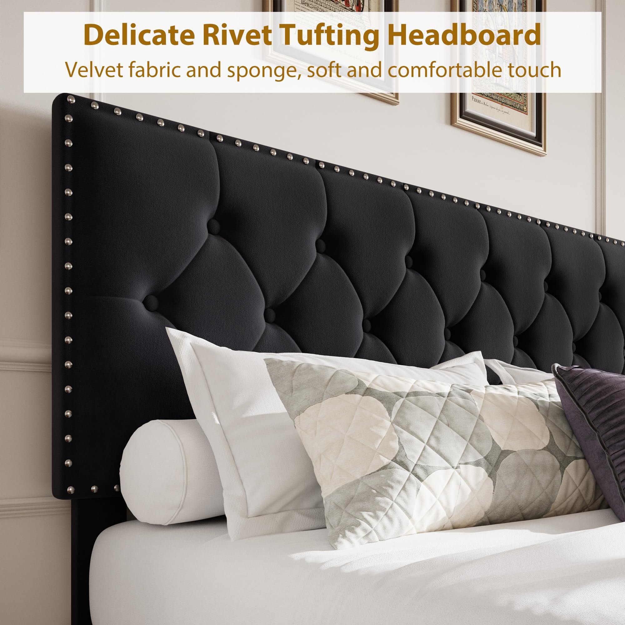 COZONY Vintage Velvet Upholstered Bed Frame - King Size with Tall Tufted, Adjustable-Height Headboard, 2 Storage Drawers, No Box Spring Required