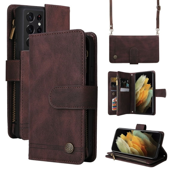 Feishell for Samsung Galaxy S21 Ultra 6.8 inch Zipper Wallet Case with Wrist Strap & Shoulder Strap,Premium PU Leather Magnetic Clasp Flip Holder Card Slots Crossbody Phone Case for Women Men,Brown