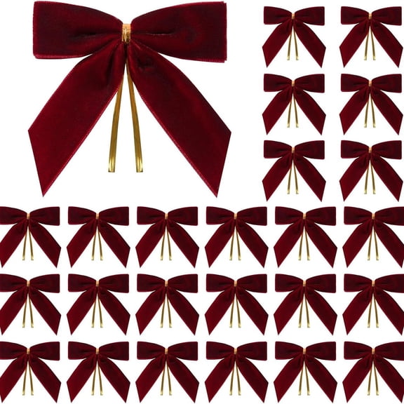 30 Pcs Mini Burgundy Red Velvet Bows for Christmas Tree-3.5x3.5 1" W Small Cute Bows with Wire for Xmas Tree Decorations, Gift Wrapping & Crafts,Candy Bags,Holiday Party Decor 3.5