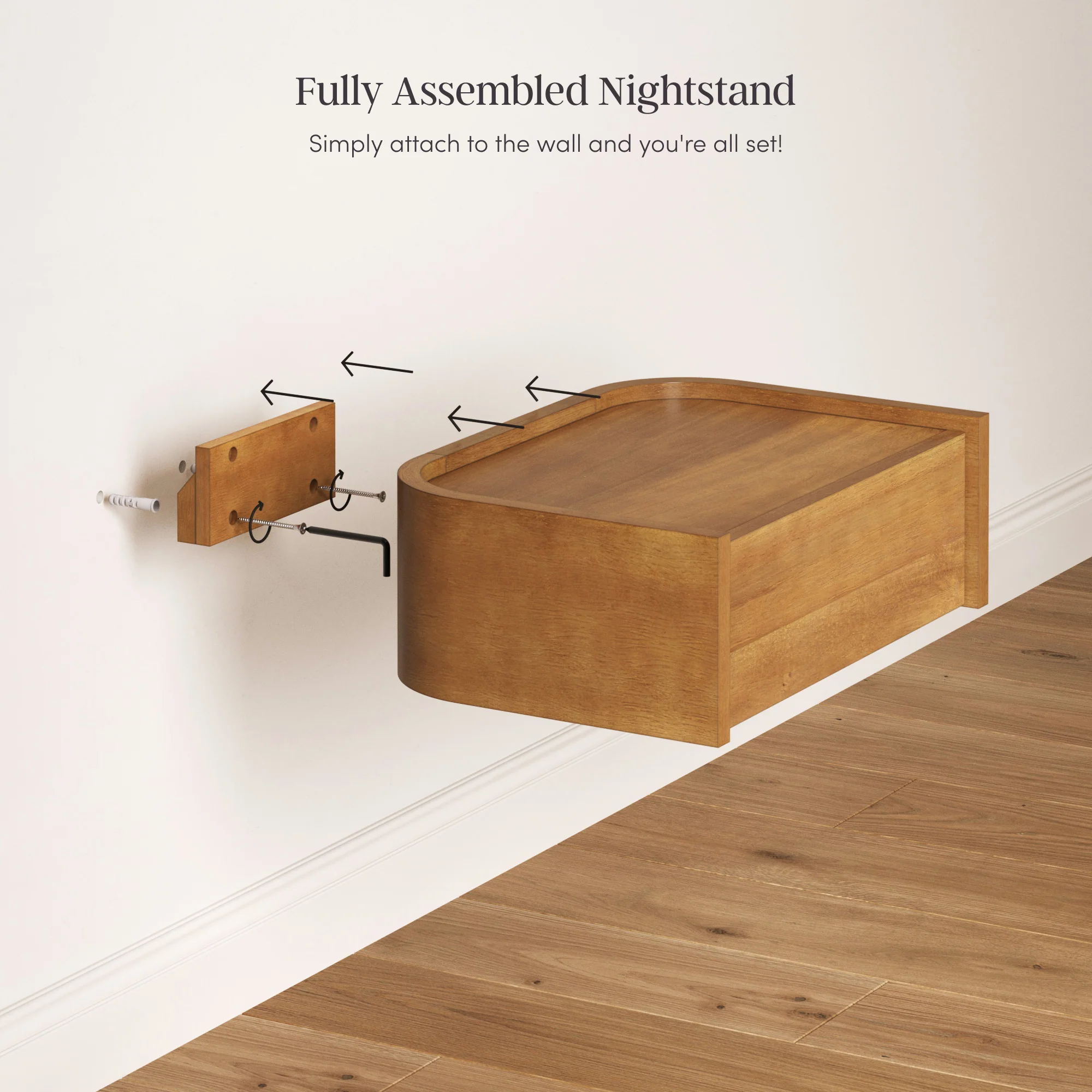Nathan James Tyla Wall Mounted Bedside Table, Floating 1-Drawer Nightstand with Rounded Edges, Light Brown