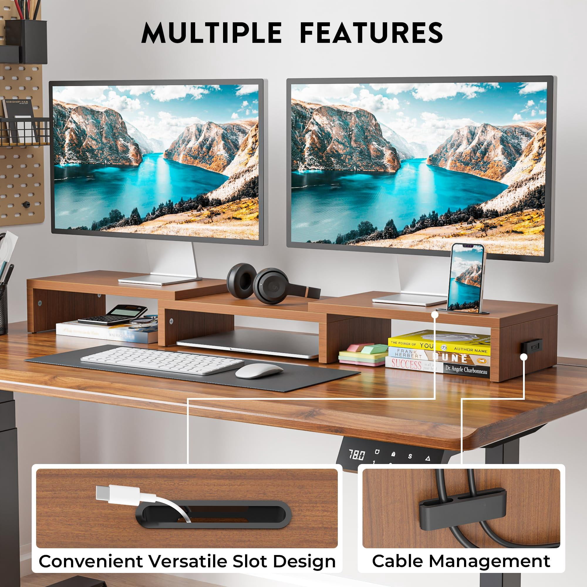 Dual Monitor Stand Riser With Smartphone Holder  Adjustable Length & Swivel Angle Wooden Desktop Organizer For Pc Laptop Printer Large Storage Walnut