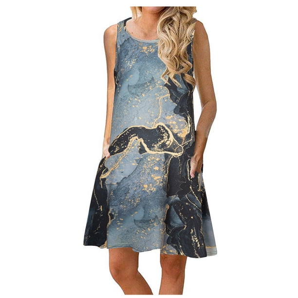 Elegante mujer sin mangas Rounk cuello verano cómodo bolsillos de impresión Casual vestido de tanque suelto OAVQHLG3B Store lin121212