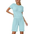 thumbnail image 2 of Short Sets for Women Relaxed Fit Basic Plain Short Sleeve Crewneck T Shirt and Shorts 2 Piece Matching Set Lounge Set, 2 of 7