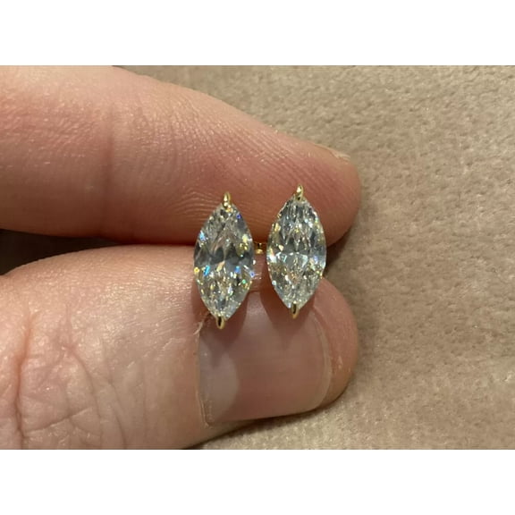 Classic Gems 3.00 CT Certified D/VVS1 Moissanite Marquise Cut Solitaire April Birthstone Stud Earrings 18K Yellow Gold Plated 925 Sterling Silver