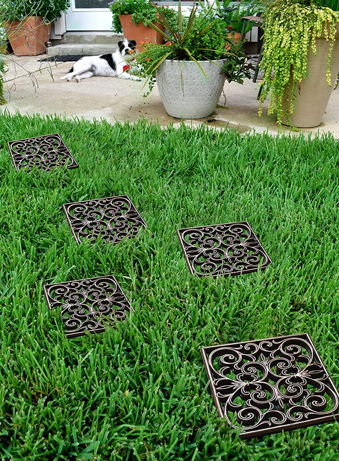 A1 Home Collections Heavy-Duty Rubber Garden Stepping Stone Mats, 12"x12", Set of 4, Paisley Square Bronze