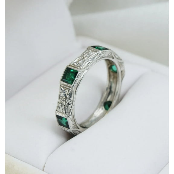 Dreamofdazzles Jewels 2.00 Ctw Princess Cut Emerald & White Diamond Wedding Anniversary Band Ring 14K White Gold Plated 925 Sterling Silver 925 Sterling Silver -7